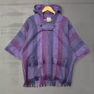 Vintage Avoca Ireland 70s Wool Hooded Poncho Purple Striped Fringe Women's Small